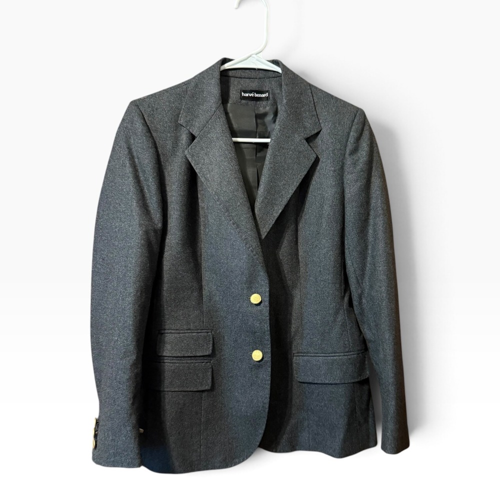 Harve Benard Blazer Women 2 Gray Excellent 100% Pure Wool Gold Button Jacket